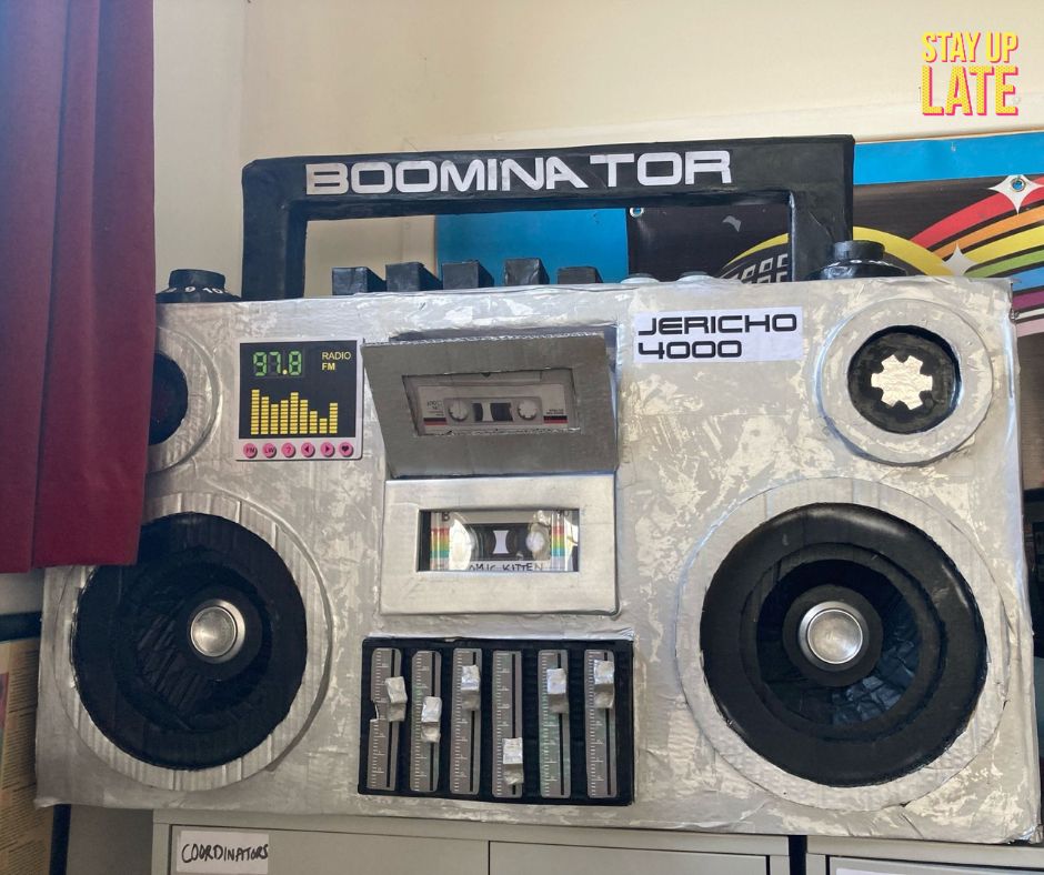 A boombox speaker made out of paper mache.