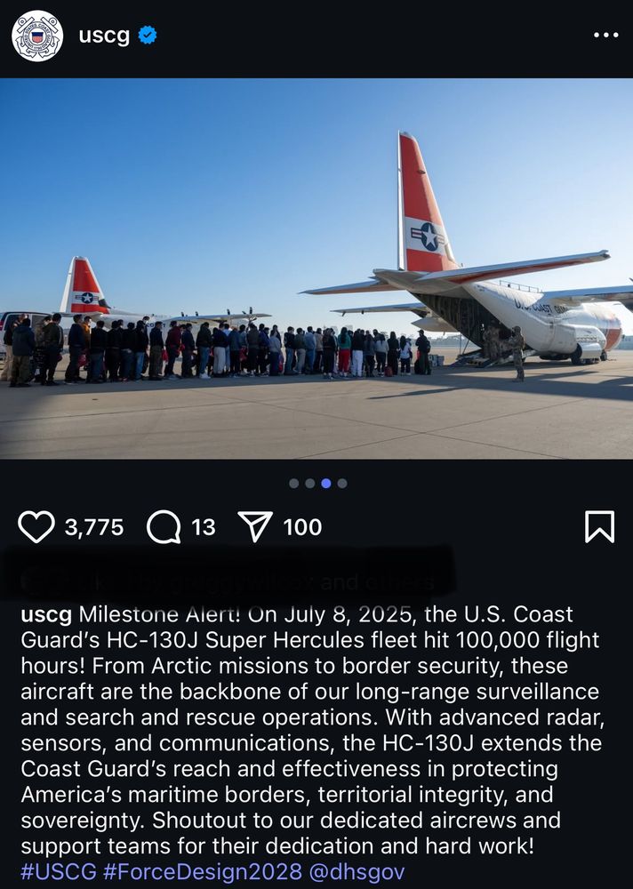 Screenshot of an official United States Coast Guard Instagram post celebrating the 100,000 flight hour milestone of their C-130J aircraft model. Featured in the celebratory photo reel is a Coast Guard C-130J parked on a ramp with 45 shackled people in the foreground waiting to be loaded on the aircraft’s cargo ramp. At the front of the line is a young woman with child in arms. 