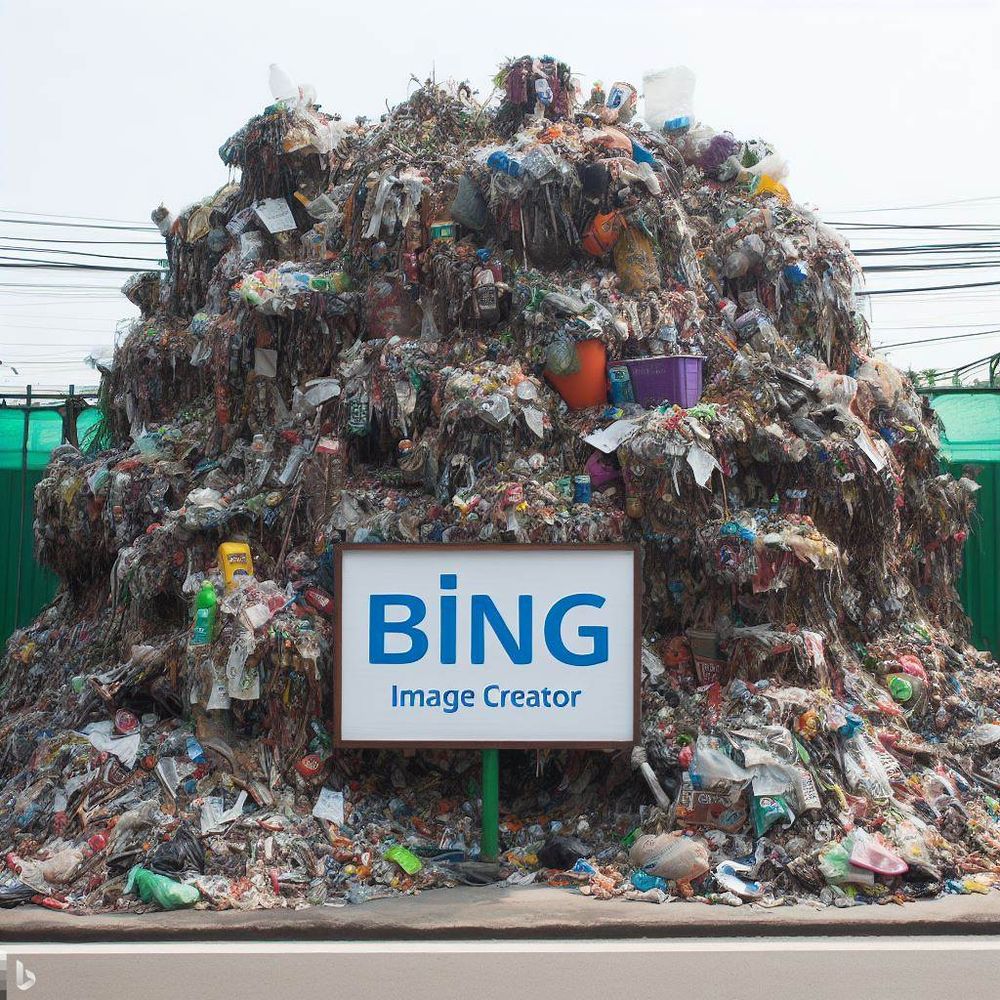 a photograph of a pile of garbage made out of garbage that is comprised of trash made up of garbage with a sign that says "bing image creator"