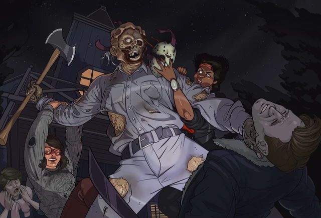 Fan art of a group of characters struggling with Jason Voorhees.