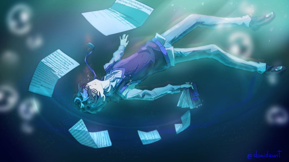 A young boy is slowly sinking into the depths of the ocean. He's holding a book from which the pages are falling out. His story written on them although it can be barely seen.