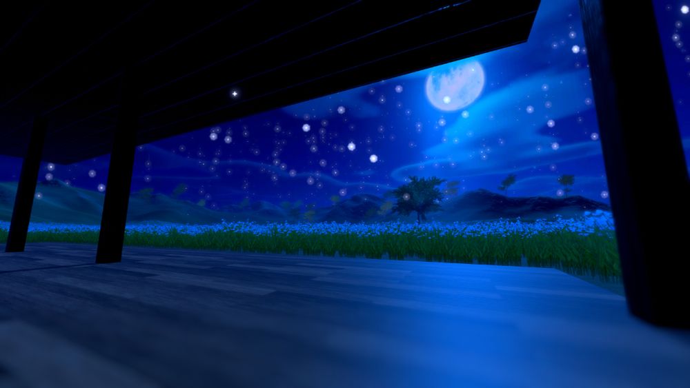 A tree stands in the middle of a field of blue flowers, a beam of moonlight shines from behind the tree. A beautiful starry night sky can be seen overhead. The picture has been taken from inside a building that is open to the field of blue flowers.