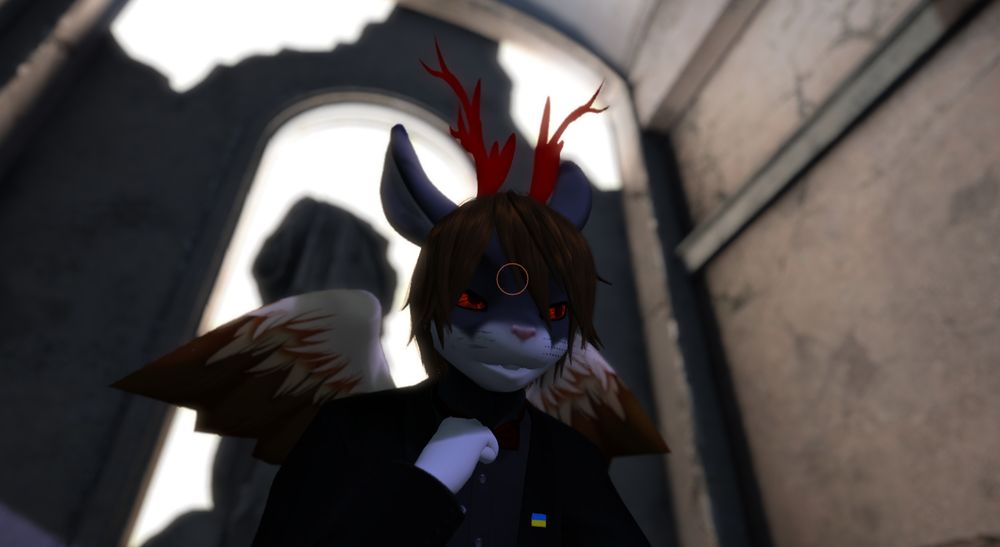 An in focus dark red antlered wolperinger/jackalope sits with his hand under his chin. Their eyes are reddened, just like their antlers. An orange camera reticle is appearing on their forehead. Yeah I forgot that reticle on these shots. >..<