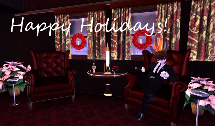 An orange antlered jackalope in a three piece suit sits in a dark red chair in a train car holding a glass of Cognac in one hand and a cigar in the other. Red is the primary color of the decor, red wreathes are in the frost covered windows. "Happy Holidays" is written in large font over the windows.