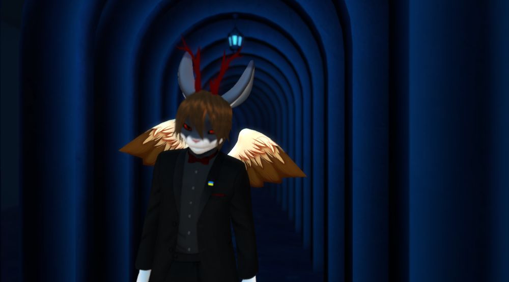 An out of focus dark red antlered wolperinger/jackalope stands at the end of an arched tunnel. The walls to the arches are black with blue edges. A lantern can be seen hanging from the ceiling in the background.