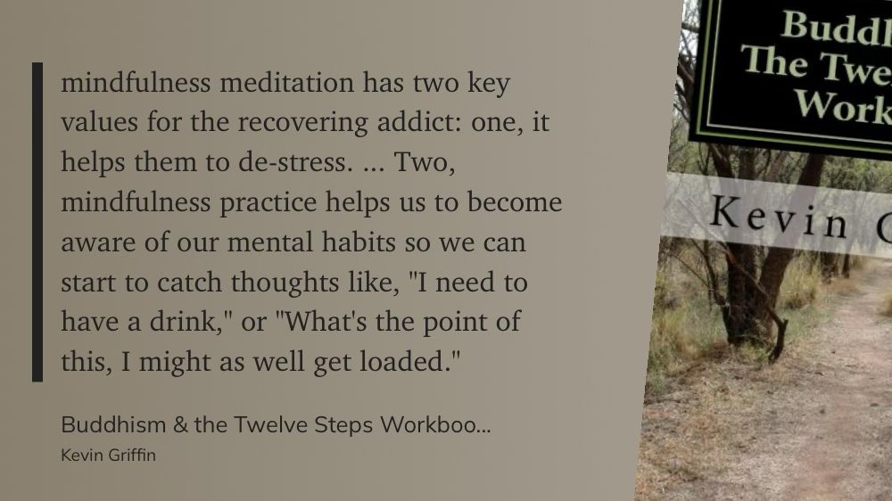 ...mindfulness meditation has two key values for the recovering addict: one, it helps them to de-stress. ... Two, mindfulness practice helps us to become aware of our mental habits so we can start to catch thoughts like, "I need to have a drink," or "What's the point of this, I might as well get loaded."