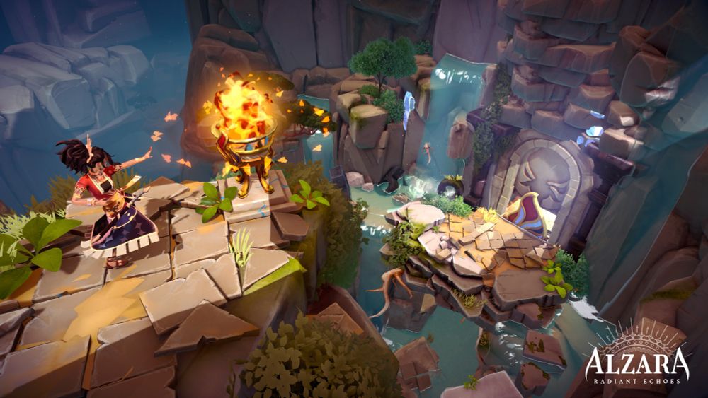 Screenshot from ALZARA Radiant Echoes—our heroine, Kayla, uses her fire magic to solve a puzzle.