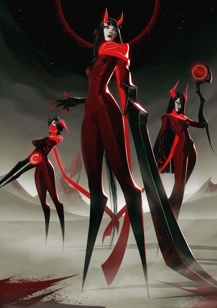 Ilustração mostrando 3 guerreiras vestidas em collant vermelho metálico. Cada um com uma arma diferente no lugar da mão esquerda, e diferentes pares de chifres vermelhos brilhantes. No meio uma guerreira com uma espada grande, cabelos presos num rabo de cavalo, franja curta reta, chifres que apontam para frente, em seu pescoço um cachecol largo vermelho brilhante q se alonga por suas costas; a direita, em segundo plano, uma guerreira com um cajado, cabelos longos negros soltos, chifres que apontam para cima, e seu cachecol é mais apertado cobre todo seu pescoço; a esquerda mais atras, uma guerreira com uma arma de disparo, cabelos curtos e bastante repicados, chifres que apontam para tras, e seu cachecol cobre metade do seu rosto como uma mascara. Elas estão em é num deserto branco com montes se desfazendo no fundo, como se fossem pedaços de carne, e manchas de sangue cobrem o chão como nos arredores delas. Acima, no céu escuro vemos uma lua negra com veias mermelhas ao seu redor aparecendo por entre nuvens junto com algumas estrelas. 