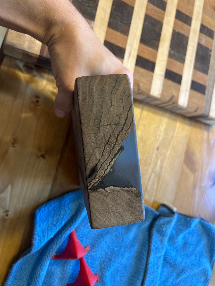 End grain of aforementioned gift. You can see a huge vein of rot that I’ve filled in with epoxy. This wood wouldn’t really be useful anywhere else but I decided to spend a ton of time and energy saving it anyway. 
