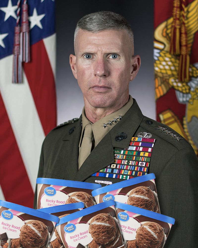 Commandant of the Marine Corps General Eric Smith posted up with some delicious ice cream and a very intense look.
