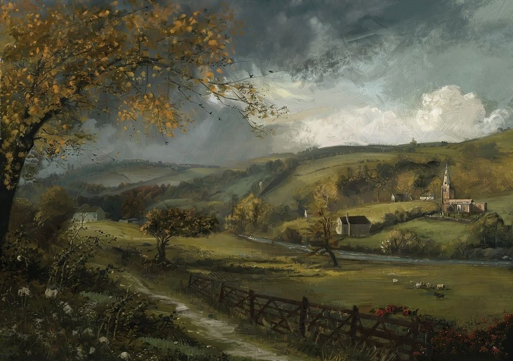 The cover art for Darkened Hill & Dale. It looks like an oil painting and depicts a charming rural valley with a slightly ominous air. 