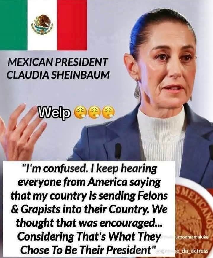 Picture of Mexican President Claudia Shri Baum:

"I'm confused. I keep hearing everyone from America saying that my country is sending Felons & Grapists into their Country. We thought that was encouraged... Considering That's What They Chose To Be Their President. "