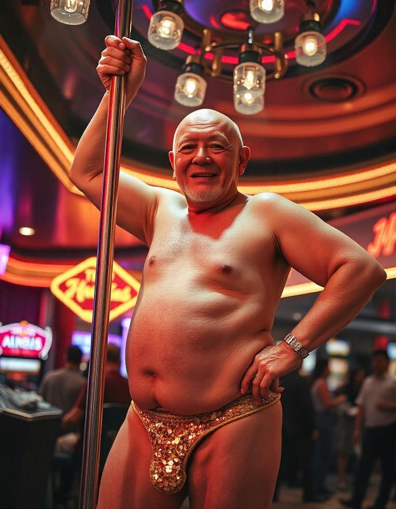 Old, bald fat guy on a stripper pole. 