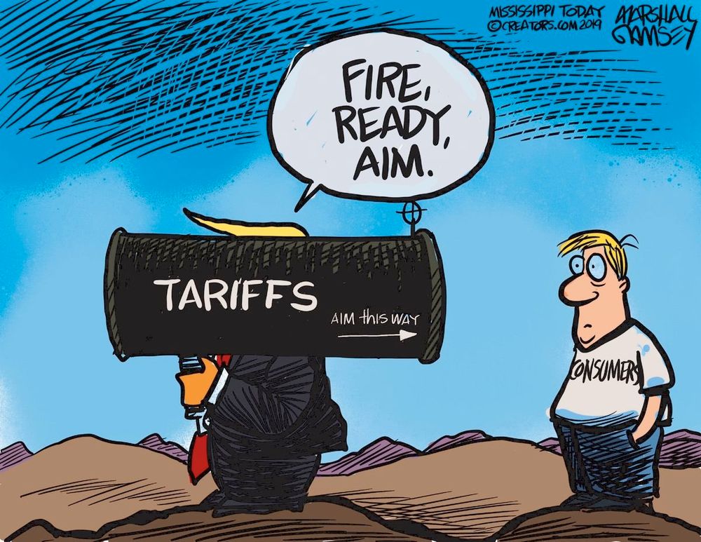 Trump holding missile launcher and aiming it in the wrong direction towards consumers. 

Fire, Ready, Aim. 