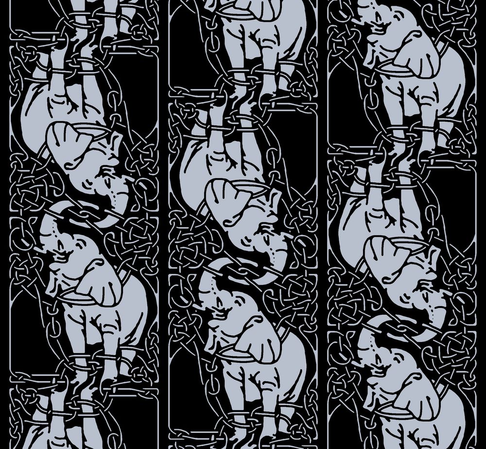 A drawing with elephants in a vaguely art nouveau / vaguely celtic knot inspired set of frames