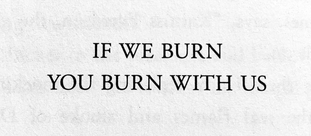 Pictured is a quote from Mockingjay: "If we burn you burn with us."