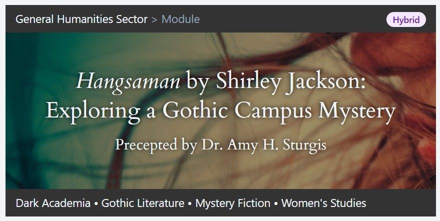 Pictured is the banner for Hangsaman by Shirley Jackson: Exploring a Gothic Campus Mystery with Signum University. The background image is of a woman's face in profile with the wind whipping her hair. 