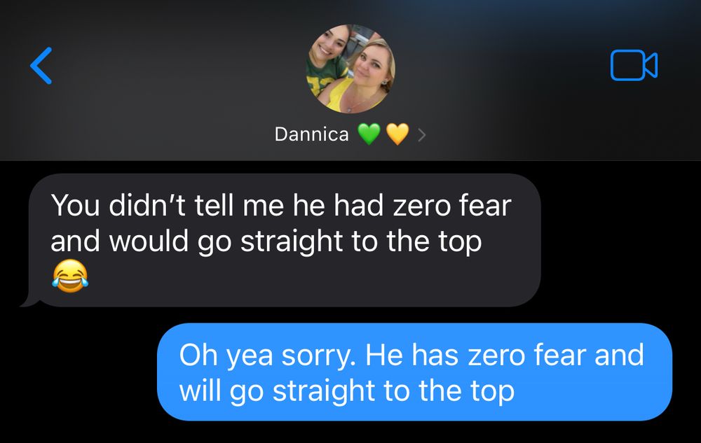 Text between two friends stating one was unaware her child had zero fear 