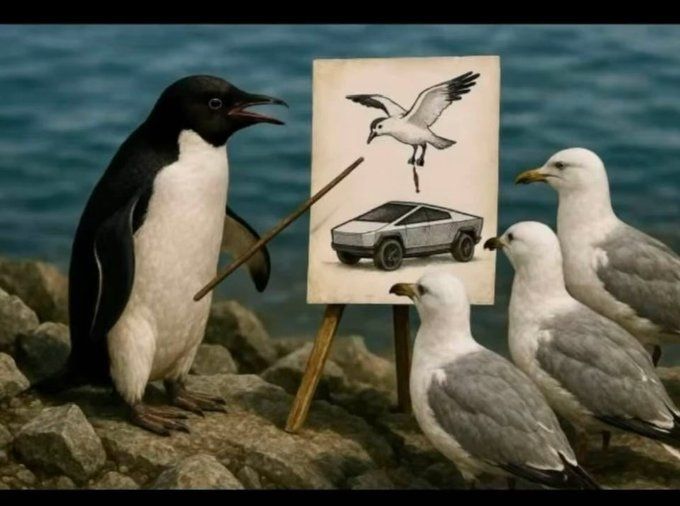 Un manchot montre a des mouettes ou goélands un dessin avec 1 de ces volatiles comment chier sur 1 cybertruck