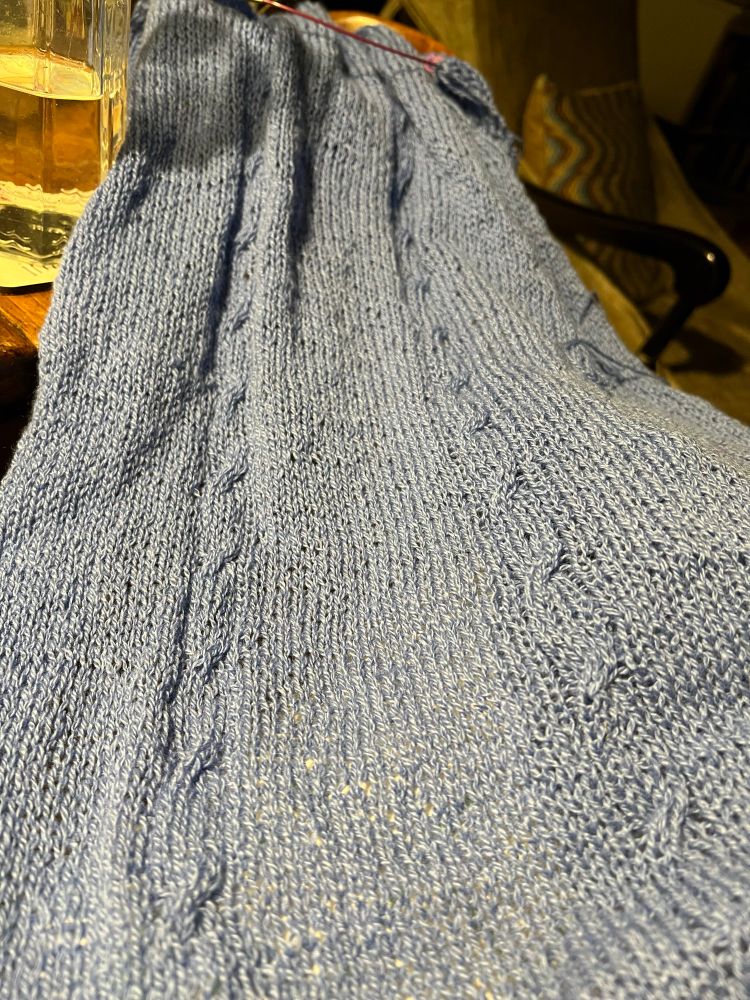 Periwinkle blue shawl with cables