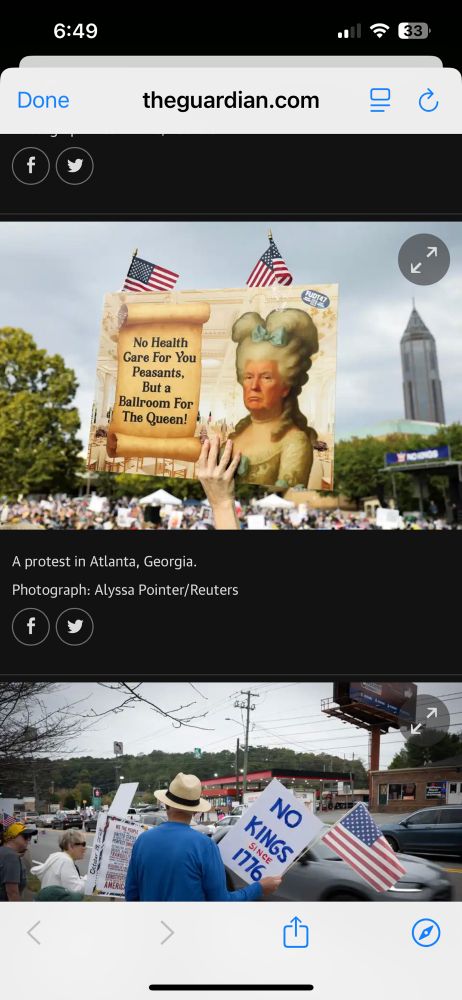 Sign at protest saying “No healthcare for you peasants but a ballroom for the Queen” depicting Trump dressed as Marie Aintounette