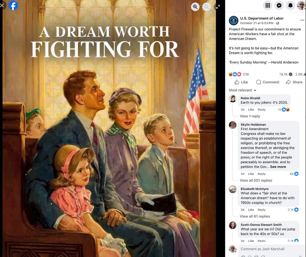 White family, parents and two children, wearing 1950s prairie chic sit in a Protestant church looking bored, alarmed, or beaming with pride, except for the dad. He's paying attention. A US flag stands on a pole in the background. Copy: "A Dream Worth Fighting For."