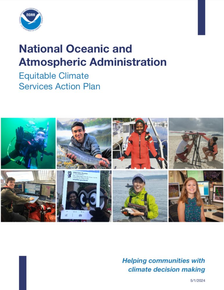 The front page of the NOAA Equitable Climate Services Action Plan (2024) - Helping communities with climate decision making.