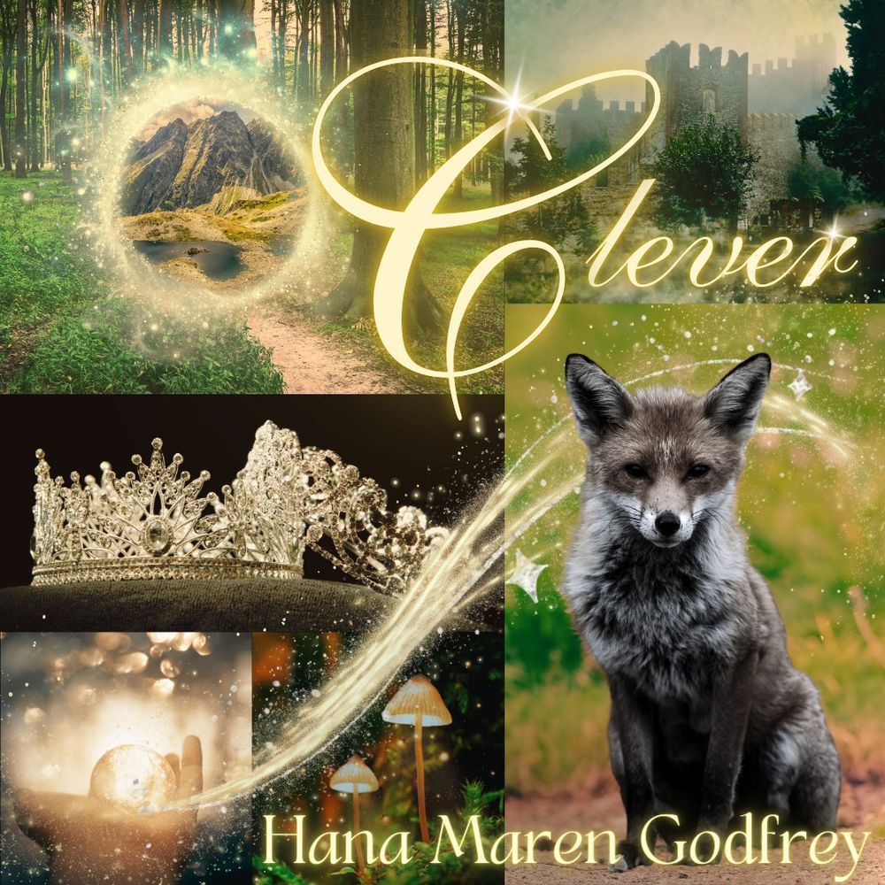 A collage with the woods, a tiara, a crystal ball, mushrooms, castle and black fox with the words "Clever" and "Hana Maren Godfrey". 