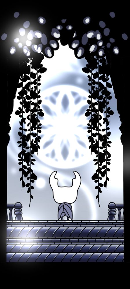 An illustration of a bug character from the video game Hollow Knight wearing a leaf cloak faces away, looking toward specters of light in the background, the foreground is a silhouette of pillars and leaves growing from the ceiling, the character is standing between two fences on top of carved steps