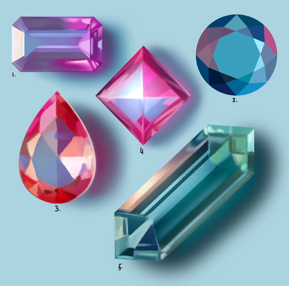 An illustration of 5 gemstones, one realistic east-west oriented emerald cut gemstone in shades of purples, magentas, and desaturated blues, one flat coloring of a round cut gemstone in shades of blues and desaturated purples, one painterly north-south oriented pear cut gemstone in shades of reds, oranges, and desaturated blues, one realistic diagonally oriented princess cut gemstone in shades of bright pinks and desaturated blues, and one realistic diagonally oriented elongated duchess cut gemstone in shades of teals, blues, and desaturated greens and blues