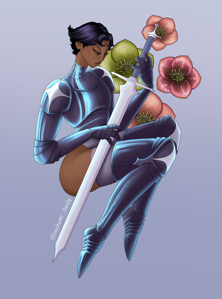 A brown skinned woman with short black hair sits holding a long silver sword over her lap, wearing a purplish gray unitard under her upper body armor, the armor goes from her waist to her neck to her fingertips, the shoulder pieces have silver star motifs that match the motifs on the knees, she is wearing long thigh high purplish gray leather stockings under her plated armor boots, all the armor is dark purple and has bright blue reflections, green and pink florals are behind her