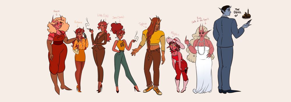 An illustrated line up of characters, left to right: A tall and curvy devil woman with red eyes, lighter red skin, blonde hair, wearing a blacksmith’s apron and long leather gloves and boots, a shorter devil woman with long red hair, lighter red skin, wearing an orange print blouse and orange pencil skirt, sheer brown tights, and orange stilettos, a taller thin devil woman with wide hips, a long red ponytail, lighter red skin, smoking a cigarette wearing a brown pantsuit and brown stilettos, a shorter devil woman with a big curly red puff ponytail, lighter red skin, smoking a cigarette, wearing a Simon and Garfunkel crop top, high waisted jeans and black high heels, a tall devil man with a long dark orange braid, lighter orange skin, wearing a layered yellow crop top, brown jeans, and orange sneakers, a very short devil woman, dark magenta hair, lighter magenta skin, wearing a light pink cowboy hat, a bright pink tank top, dark pink jeans tucked into light pink cowboy boots, a small pistol holder on her leg, a short devil woman with a large bust, long wavy blonde hair, and lighter pink skin, long pointy fingers flipping the middle finger, wearing a long floor length white gown and pearl jewelry, a very tall devil man with black slicked back hair, light blue skin, dark blue suit, long pointy dress shoes, long pointy fingers, holding a floating city in his hand and turned away from the rest of the characters 