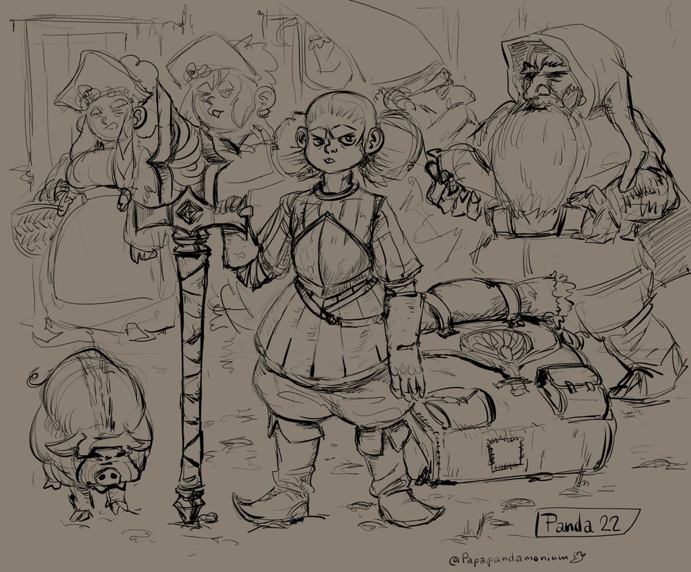 An image of Modsogna, in a rural dwarven village, surrounded by 4 other dwarves and a pot belly pig. Two "proper" dwarven ladies, eye her suspiciously and are probably talking shit.
Modsogna is posing grimly with her Broken greatsword "Grimfury", as well as a giant backpack behind her, lying on the floor.
Modsogna is dressed with thick leather gloves, a gambeson, and pointy toed boots. she wears a breastplate on top of the gambeson.
Her hair is styled in two big "poofs" oin the back of her head.