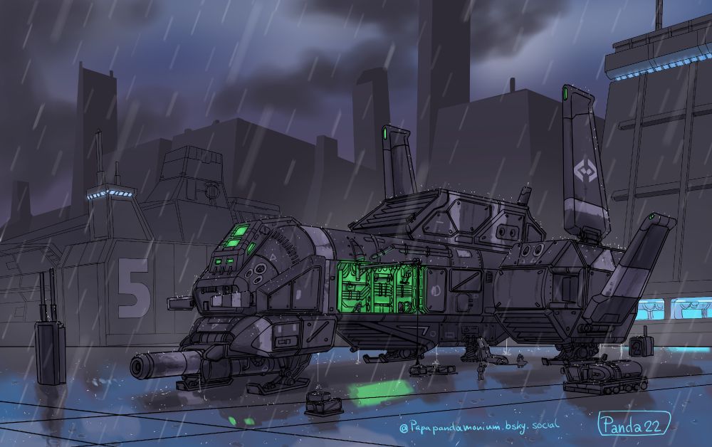 Good old Rustbucket picture of a messed up old Taiidan-ish corvette landed on a rainy spaceport, with an eery green internal light
