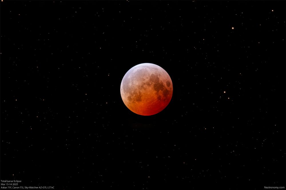 Stacked image of the moon at totality on Mar 15, 2025. 