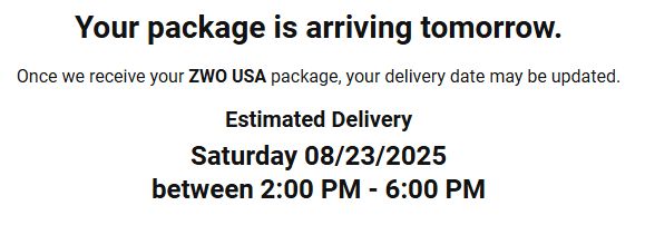 Screenshot showing I'm getting something delivered tomorrow from ZWO USA.