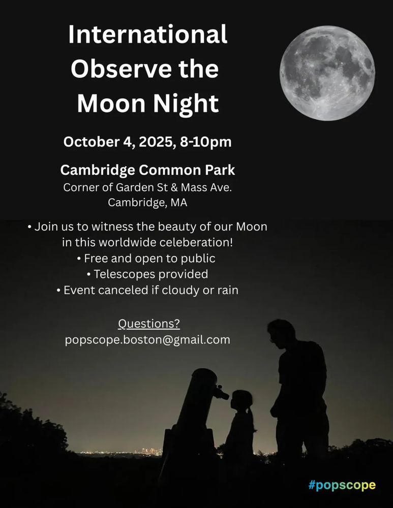 Poster for International Observe the Moon Night taking place at Cambridge Common Park on October 4th from 8 to 10pm. 