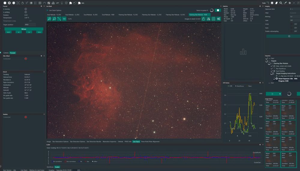 Screenshot of  NINA showing live stack image of the Flaming Star nebula