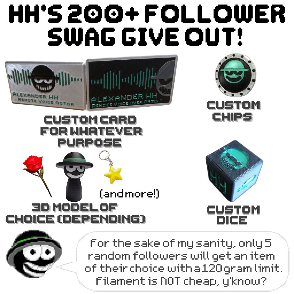 The naive fool referred to as Alexander HH is going to spin a wheel containing about 250 of his followers accumulated from Bluesky and Xwitter. The 5 chosen followers will have the opportunity to request the creation of a 3D print custom designed card, poker chip, dice or any 3D model of choice they can make or find that takes up to 120 grams to make. 
This foolish venture is a way of displaying gratitude to the long time followers out there, as HH is busy with life, sucks at drawing and other thought of ways of gift giving.