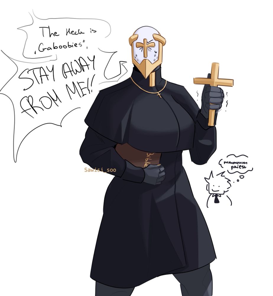 Gabriel Ultrakill in priest costume, his chest large