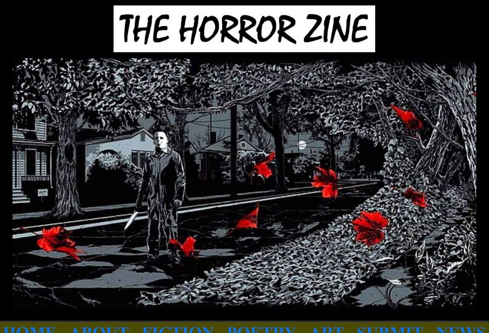 A black and white illustration of a man in the middle of a suburban road holding a knife. He is framed by trees and blood red leaves. It looks like the frame of a slasher movie like Friday the Thirteenth.