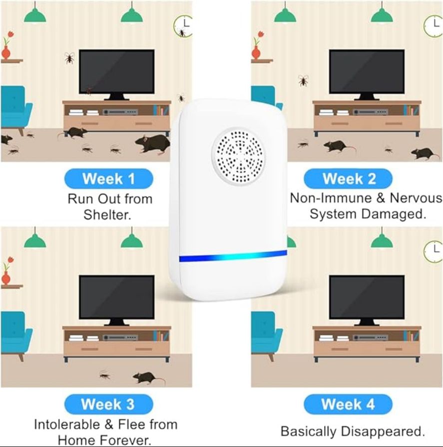 Image of a description of an ultrasonic insect repellant device. 
Week 1 - An illsutration of a livign room with rats and bugs all over. The caption says: Run Out from Shelter
Week 2 - The living room has fewer rats and bugs. it says: Non-Immune and nervous system damagged
Week 3 - One rat and one bug survive. It says: Intolerable and flee from home forever
Week 4 - The living room is pest-free. It says: Basically disappeared.
