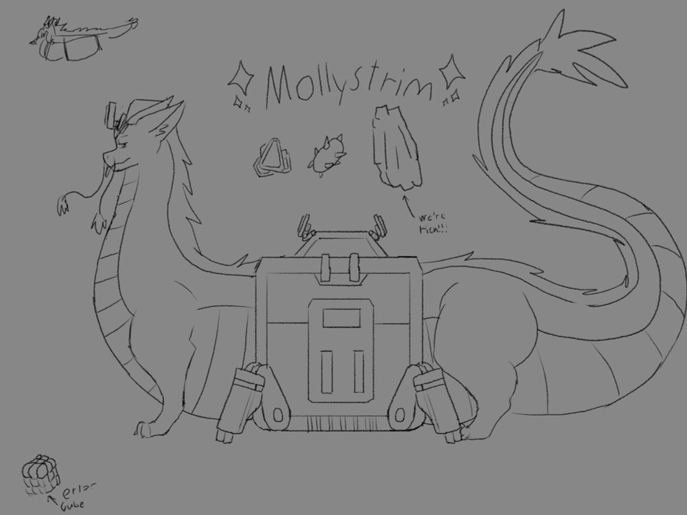 An eastern dragon named Mastrim “cosplaying” as Molly, the M.U.L.E. from the game Deep Rock Galactic. The text “Mollystrim” is displayed to be a combination of the words Molly and Mastrim. 