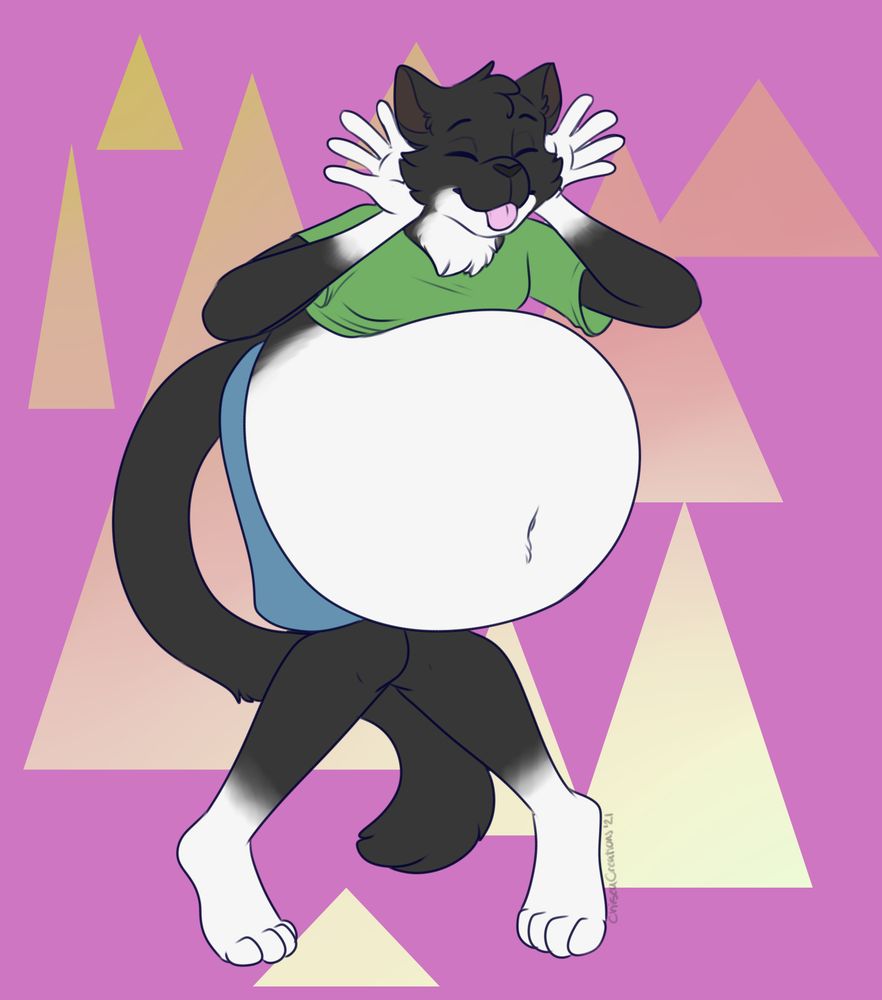 a black and white anthro cat with a huge belly and making a silly face