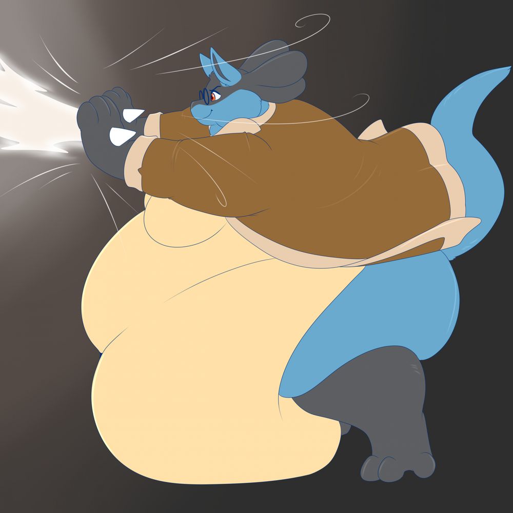 an enormously fat Lucario wearing a coat and glasses using a Force Palm attack