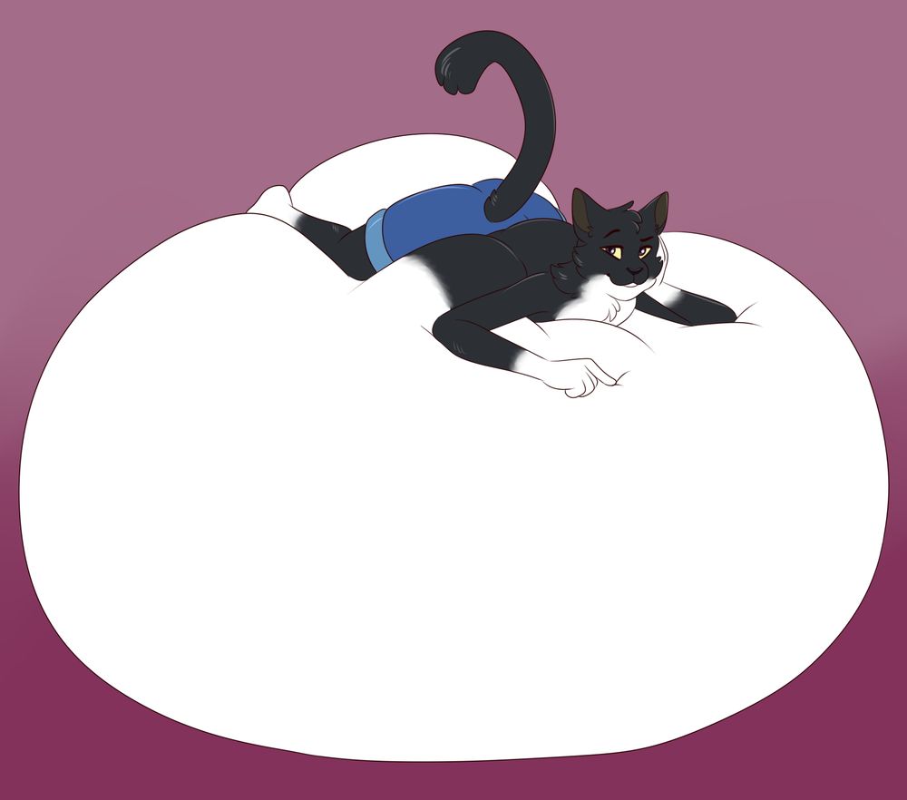 A black and white tuxedo cat anthro laying on top of his gigantic belly, as if it were a mattress.