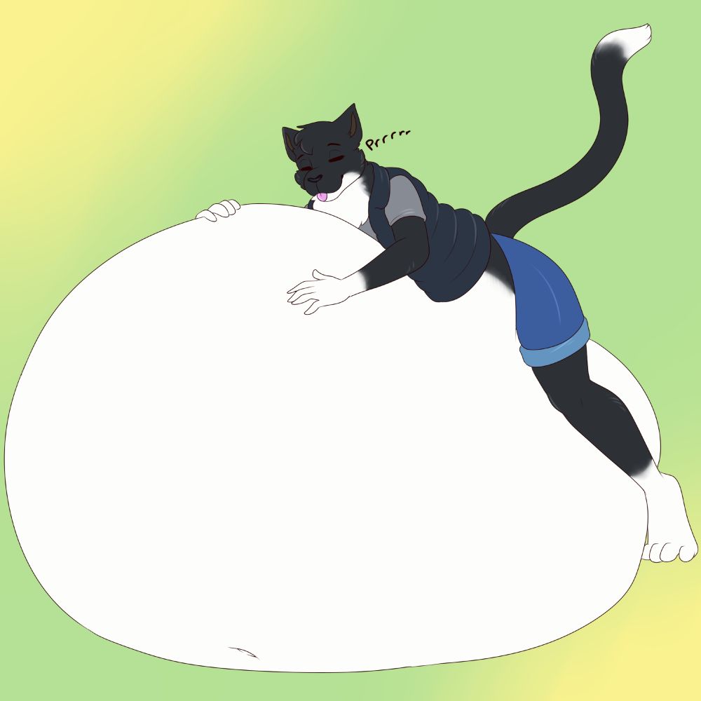 A black and white anthro cat leaning against his gigantic belly and purring.