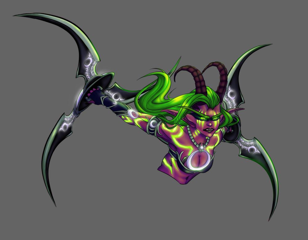 Female night elf demon hunter with green hair and tattoos wielding two black glaives