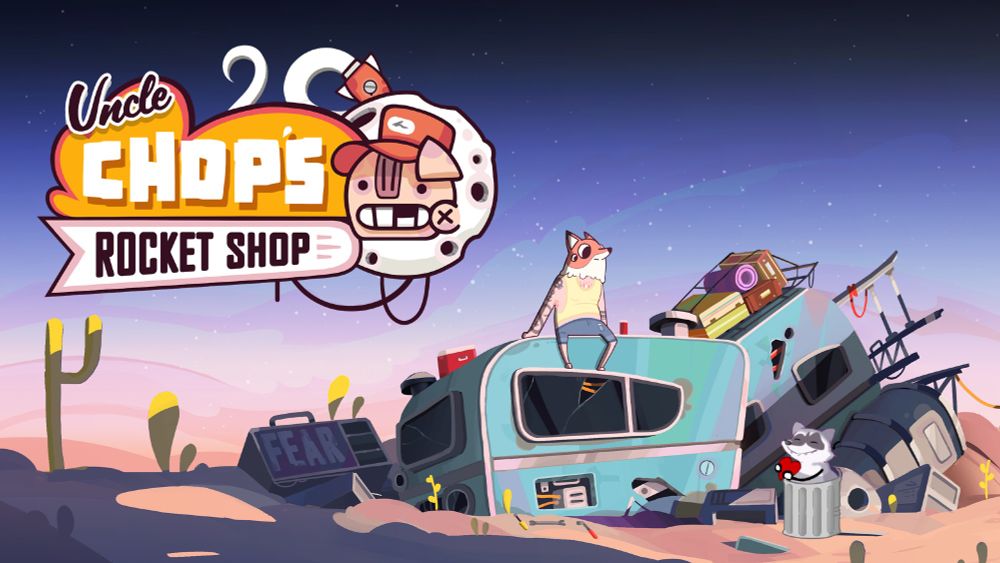 The promo art for Uncle Chop's Rocket Shop with a raccoon in a trashcan (me) holding up a heart towards the main character