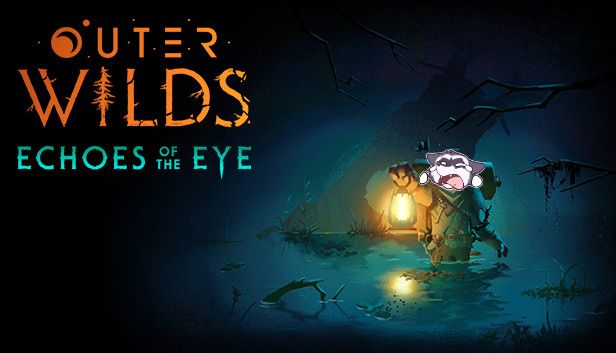 The promo image for Outer Wilds: Echoes of the Eye (A spaceman walking through a dark swamp holding a lantern) with an image of lil_trash_dude's sobbing face superimposed over the space helmet